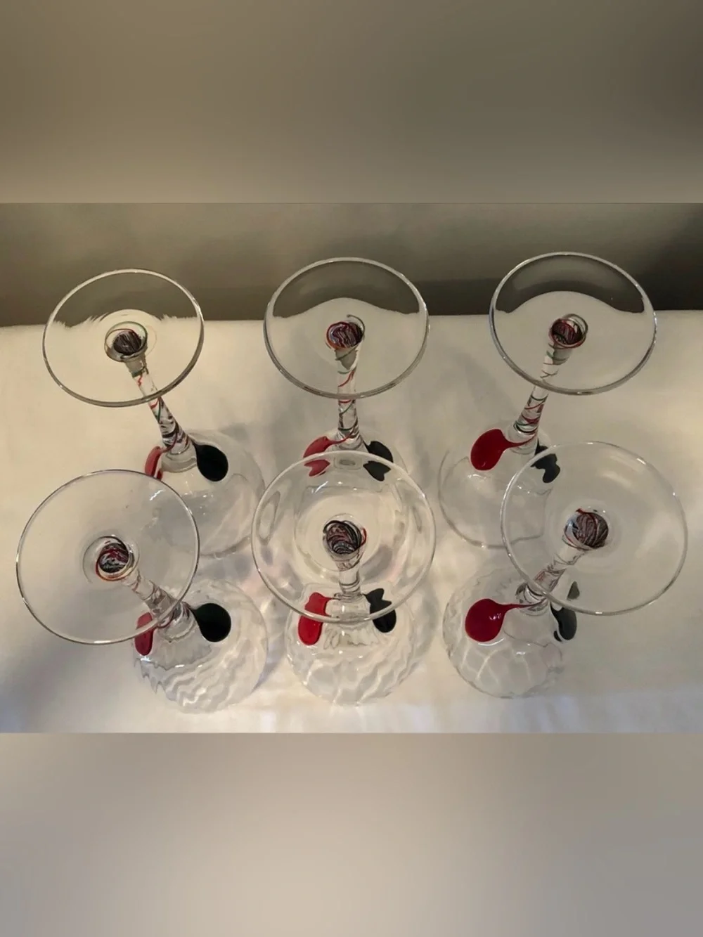 Pier 1 Hand Blown Optic Ribbon Wine Glasses 6, Green&Red Glass Drops&Spiral Stem
